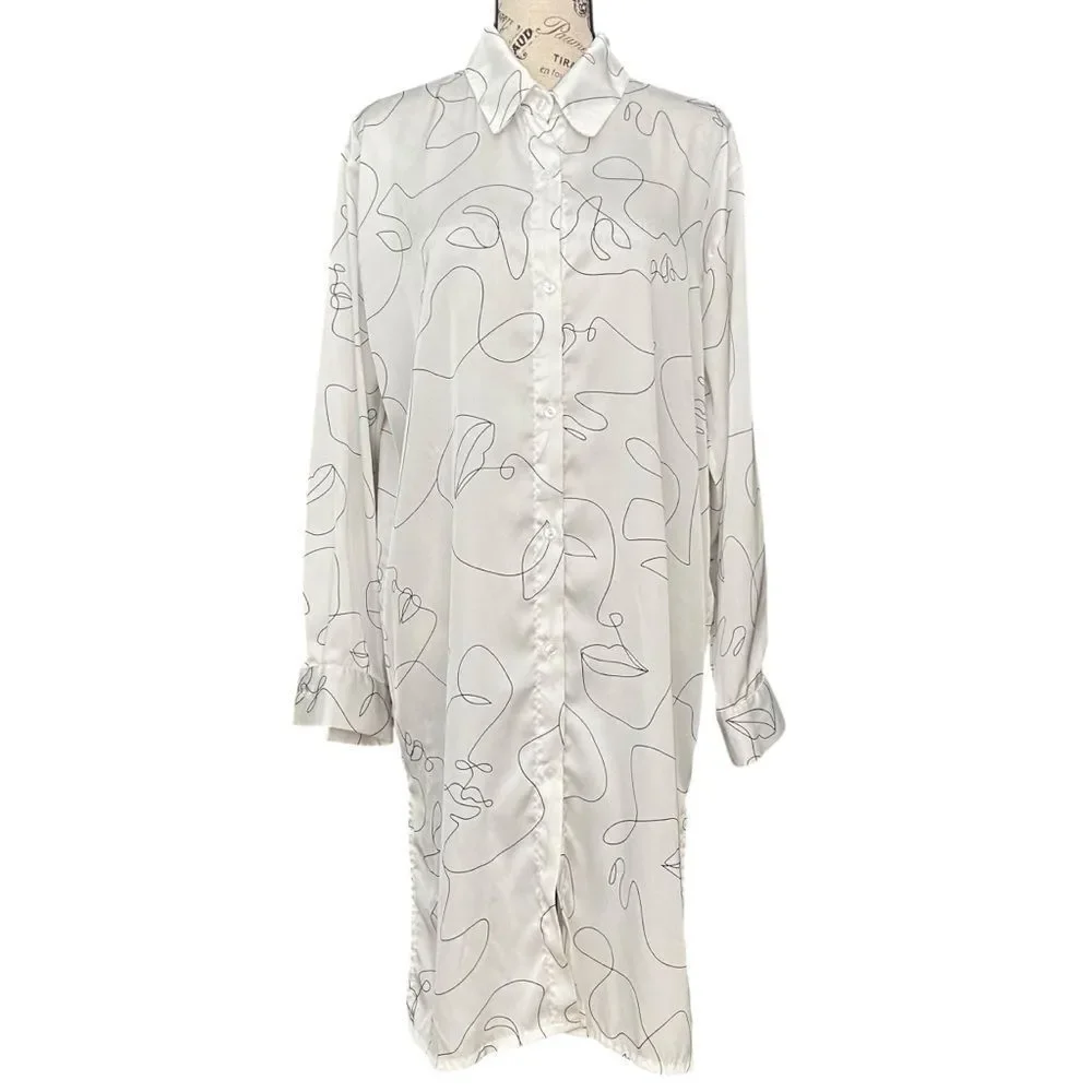 Jon & Anna Contemporary Semi Sheer Abstract Face Print Button-Up Shirt Dress in